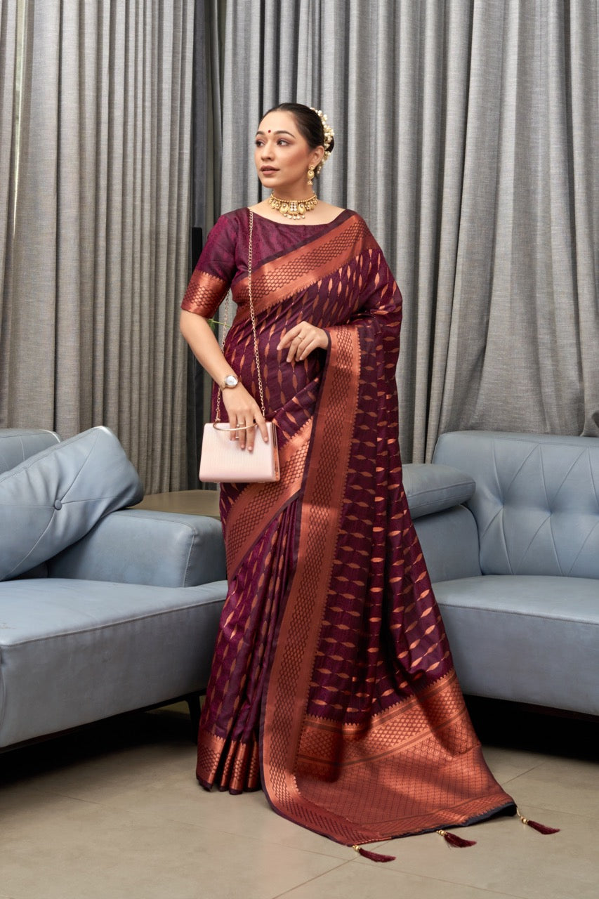 Petrichor Wine Soft Silk Saree With Alluring Blouse Piece