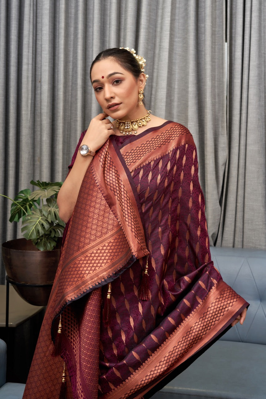 Petrichor Wine Soft Silk Saree With Alluring Blouse Piece