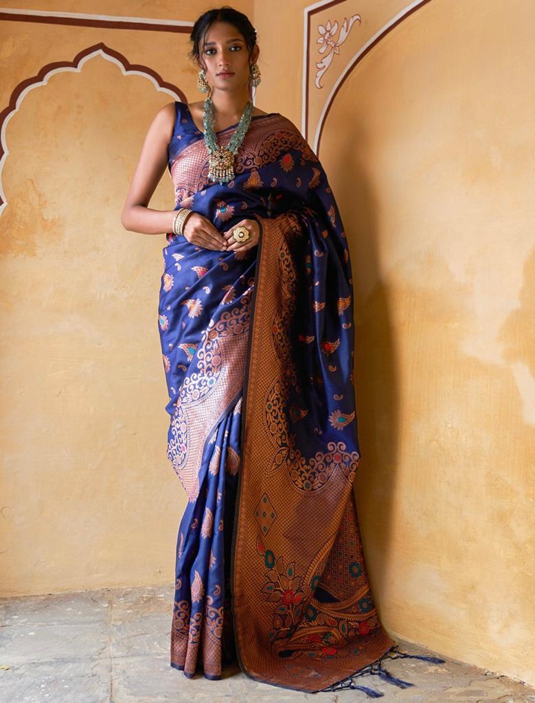 Snappy Navy Blue Soft Silk Saree With Lassitude Blouse Piece