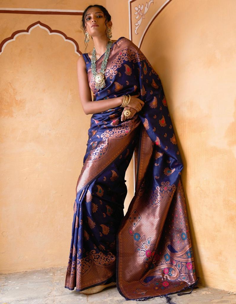 Snappy Navy Blue Soft Silk Saree With Lassitude Blouse Piece