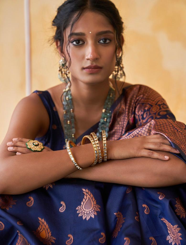 Snappy Navy Blue Soft Silk Saree With Lassitude Blouse Piece