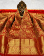 Innovative Red Pure Banarasi Silk Saree With Bucolic Blouse Piece