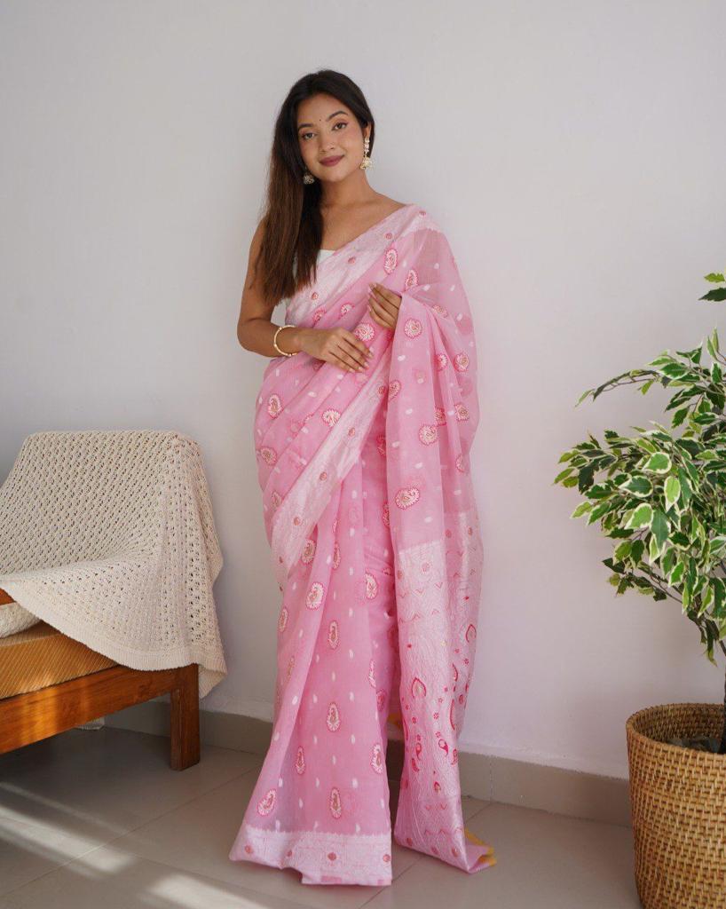 Arresting Baby Pink Cotton Silk Saree With Precious Blouse Piece