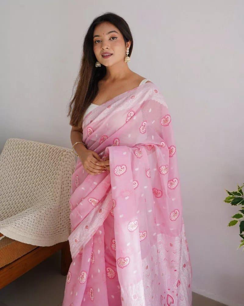 Arresting Baby Pink Cotton Silk Saree With Precious Blouse Piece