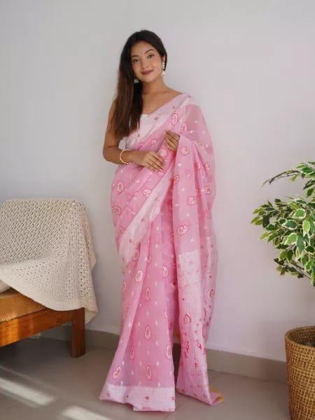 Arresting Baby Pink Cotton Silk Saree With Precious Blouse Piece