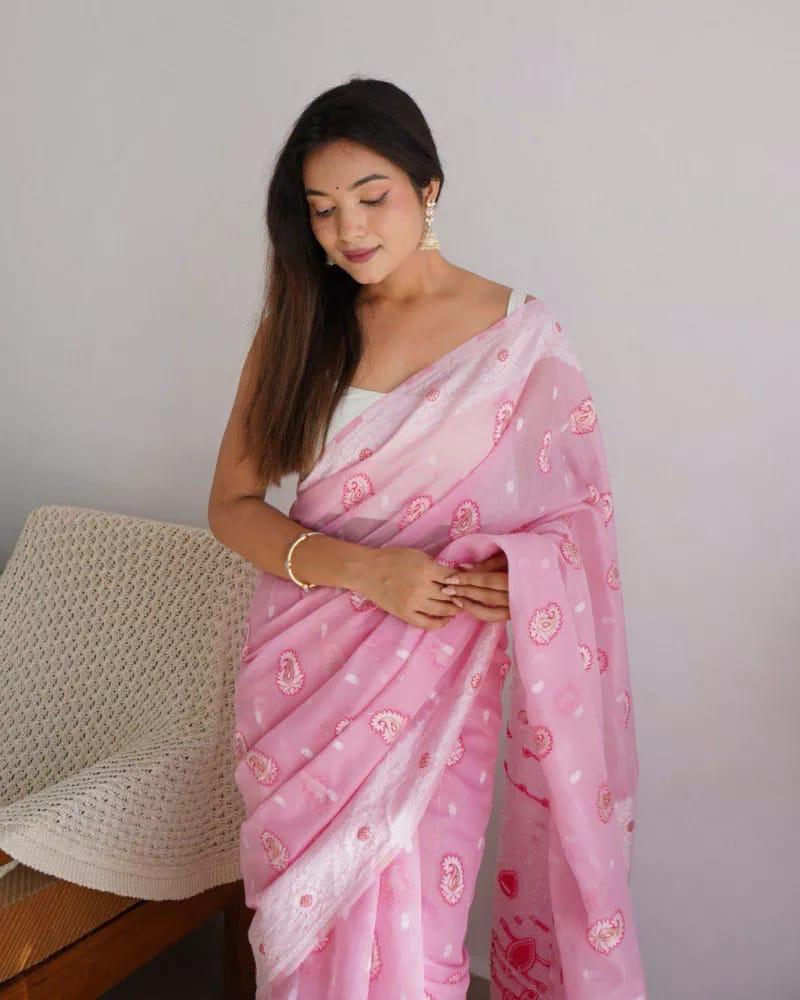 Arresting Baby Pink Cotton Silk Saree With Precious Blouse Piece