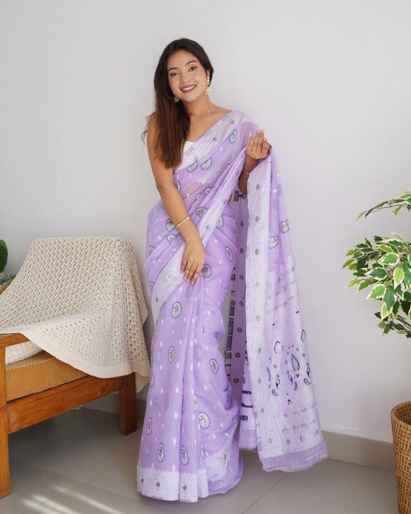 Propinquity Lavender Cotton Silk Saree With Staring Blouse Piece