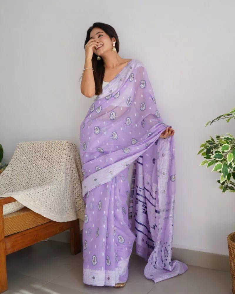 Propinquity Lavender Cotton Silk Saree With Staring Blouse Piece