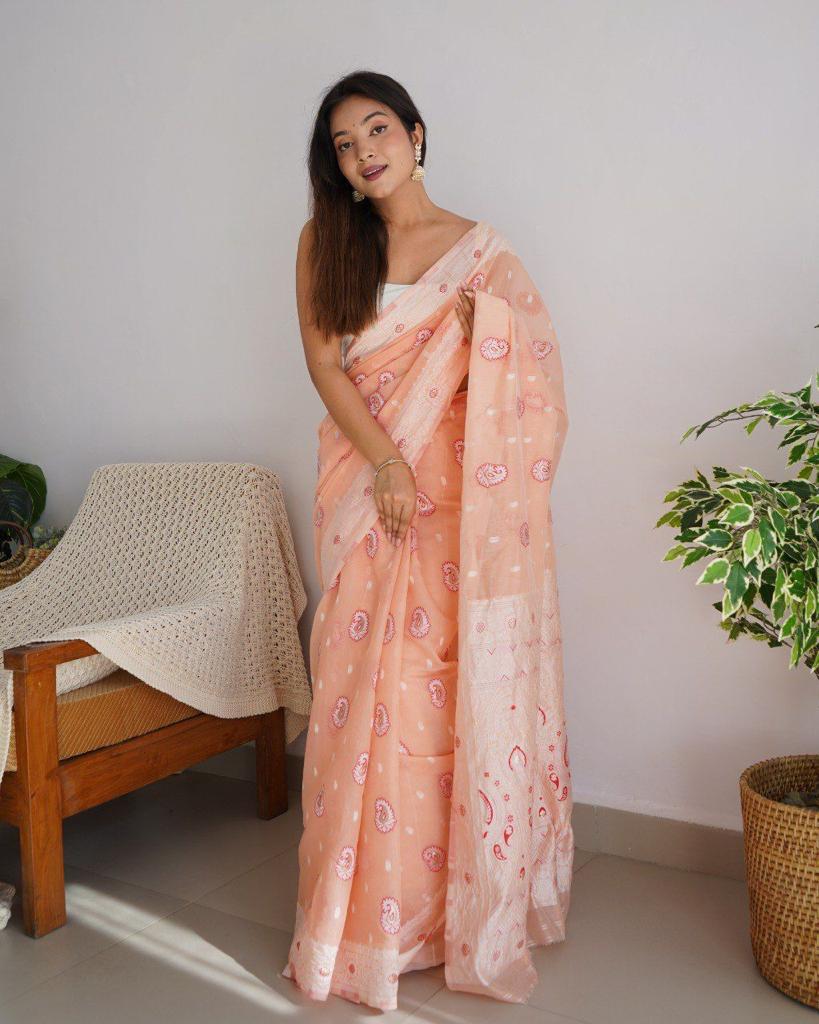 Engrossing Peach Cotton Silk Saree With Resonant Blouse Piece