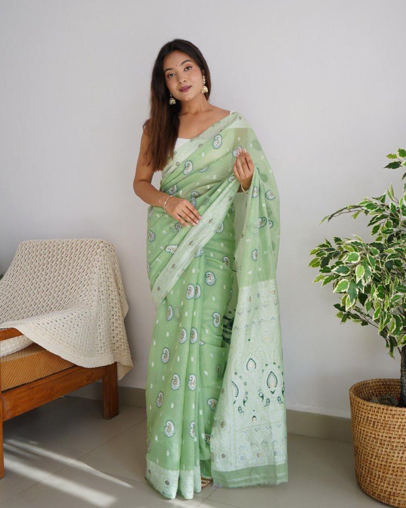 Scintilla Pista Cotton Silk Saree With Classic Blouse Piece