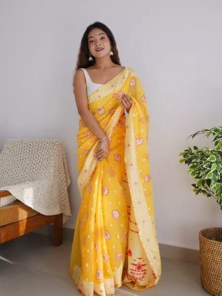 Incomparable Yellow Cotton Silk Saree With Majestic Blouse Piece