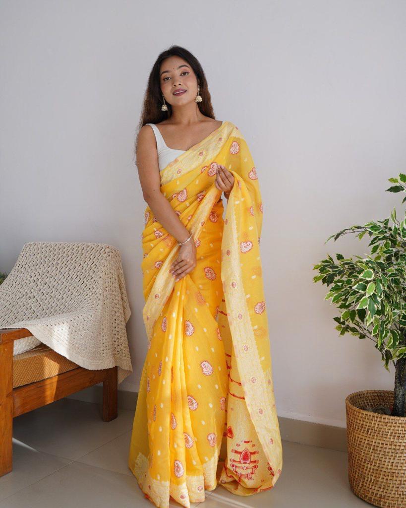 Incomparable Yellow Cotton Silk Saree With Majestic Blouse Piece