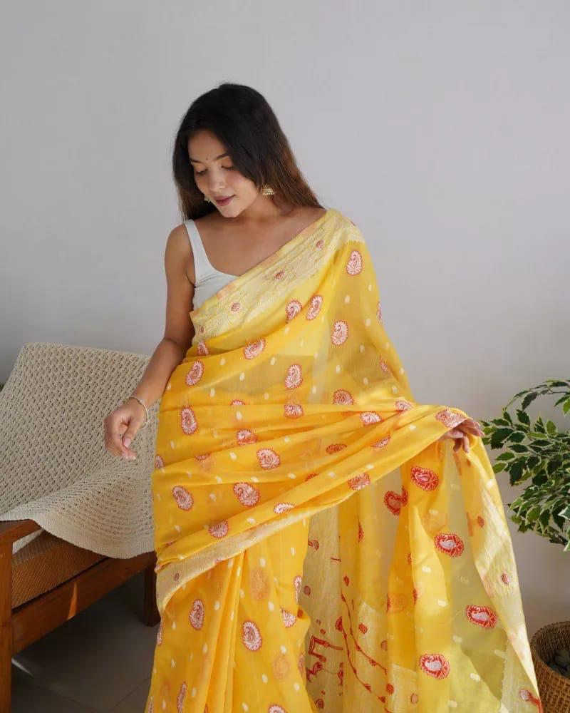 Incomparable Yellow Cotton Silk Saree With Majestic Blouse Piece