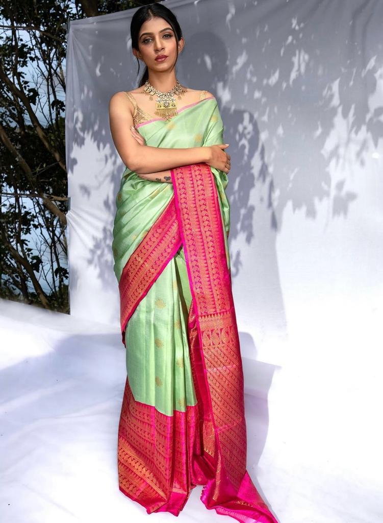 Demanding Pista Soft Silk Saree With Mesmeric Blouse Piece