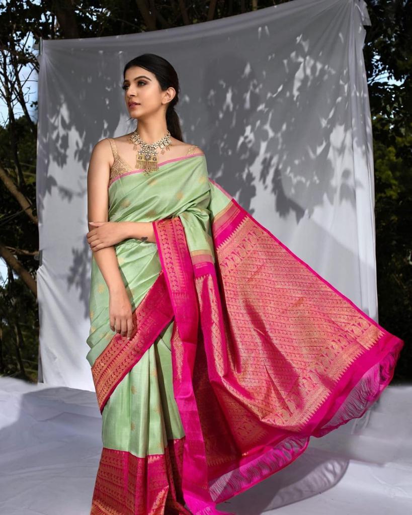 Demanding Pista Soft Silk Saree With Mesmeric Blouse Piece