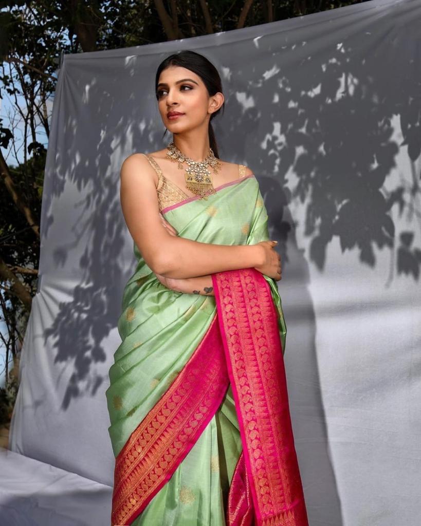 Demanding Pista Soft Silk Saree With Mesmeric Blouse Piece