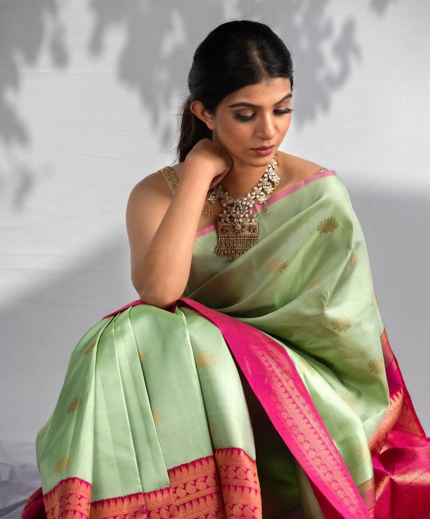 Demanding Pista Soft Silk Saree With Mesmeric Blouse Piece