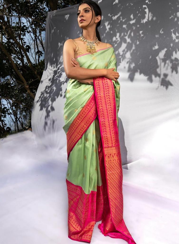 Demanding Pista Soft Silk Saree With Mesmeric Blouse Piece