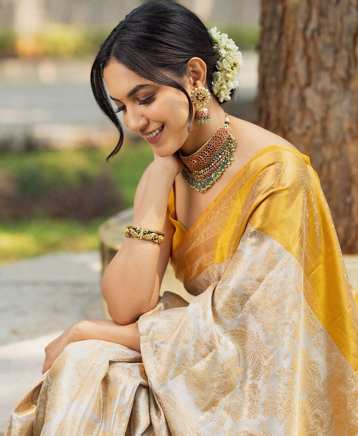 Bewitching Beige Soft Silk Saree With Brood Blouse Piece