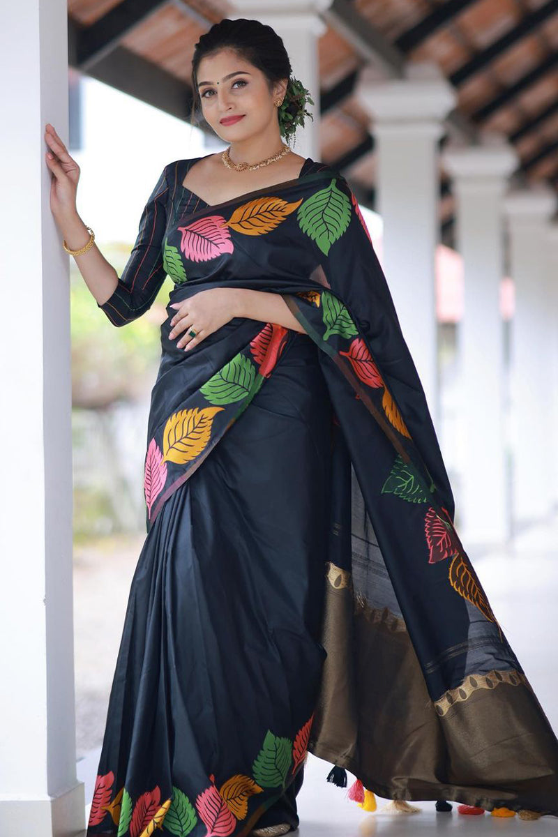 Bewitching Black Soft Silk Saree With Intricate Blouse Piece