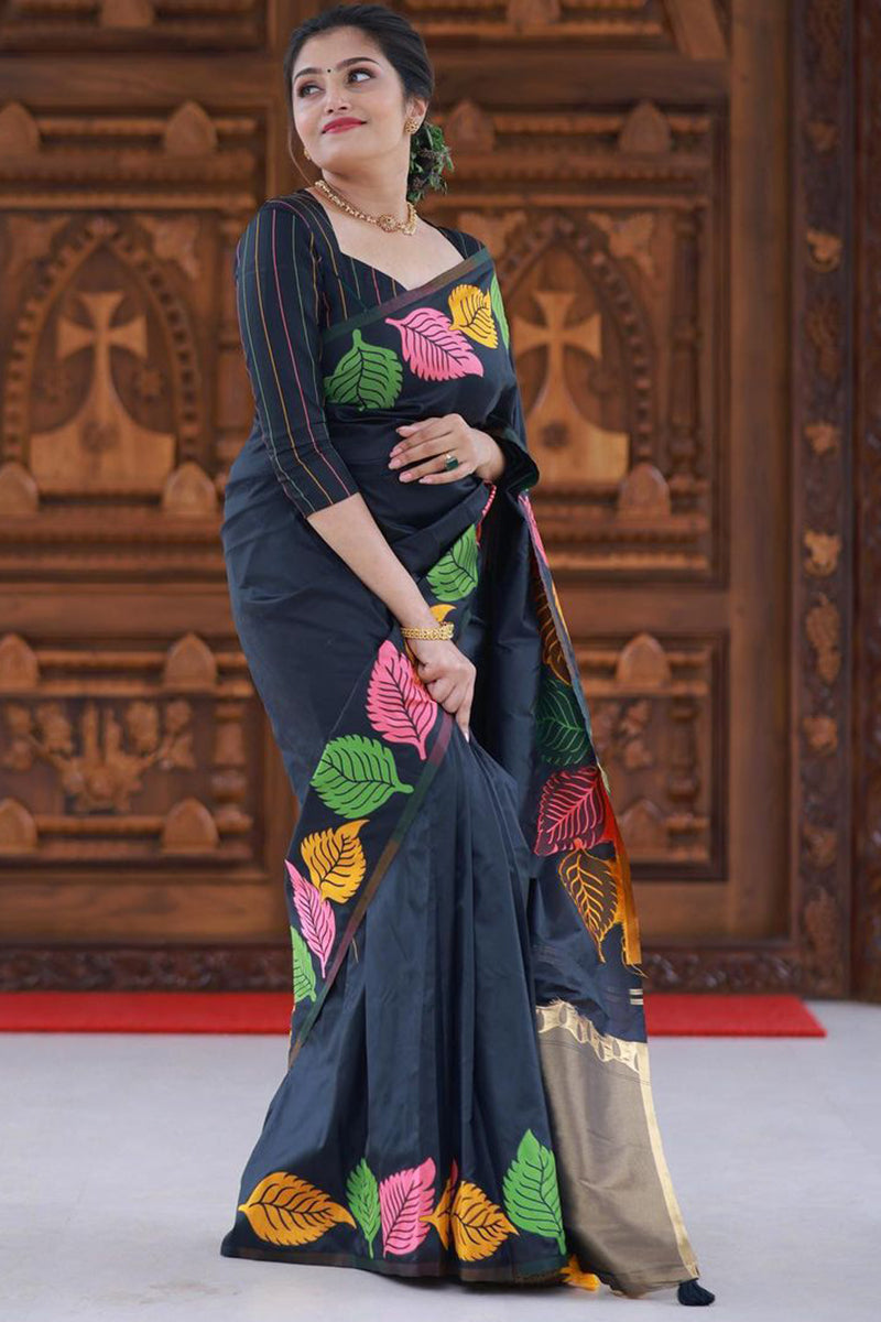 Bewitching Black Soft Silk Saree With Intricate Blouse Piece