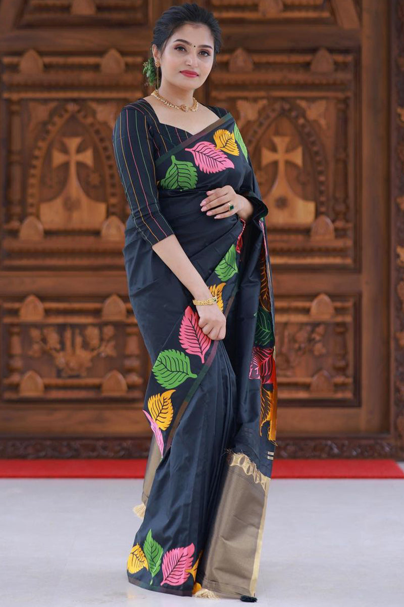 Bewitching Black Soft Silk Saree With Intricate Blouse Piece