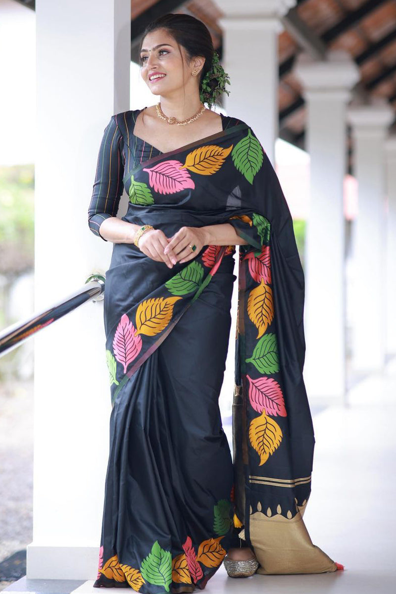 Bewitching Black Soft Silk Saree With Intricate Blouse Piece