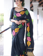 Bewitching Black Soft Silk Saree With Intricate Blouse Piece