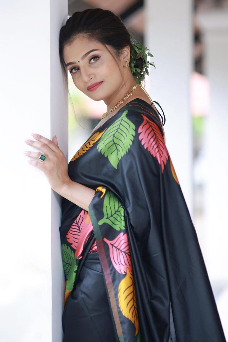 Bewitching Black Soft Silk Saree With Intricate Blouse Piece