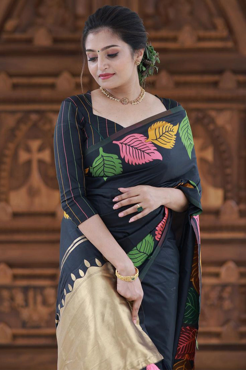 Bewitching Black Soft Silk Saree With Intricate Blouse Piece