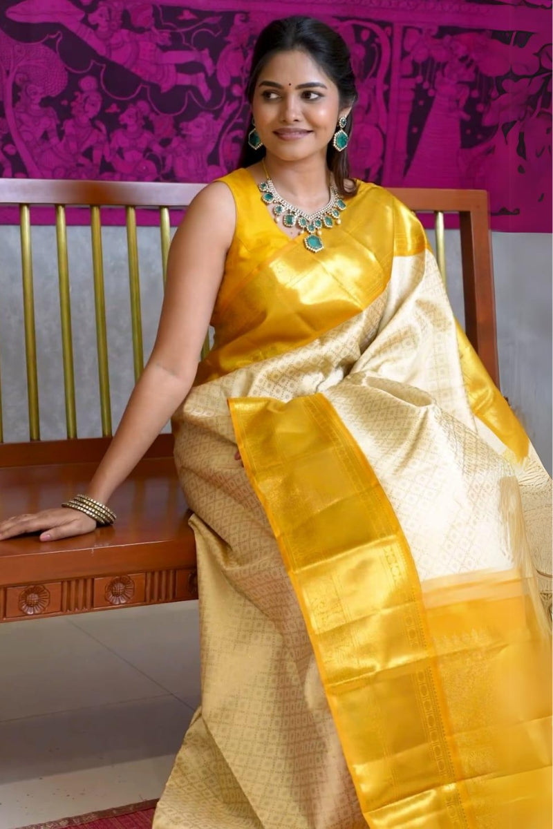 Vivacious Beige Soft Silk Saree With Desuetude Blouse Piece