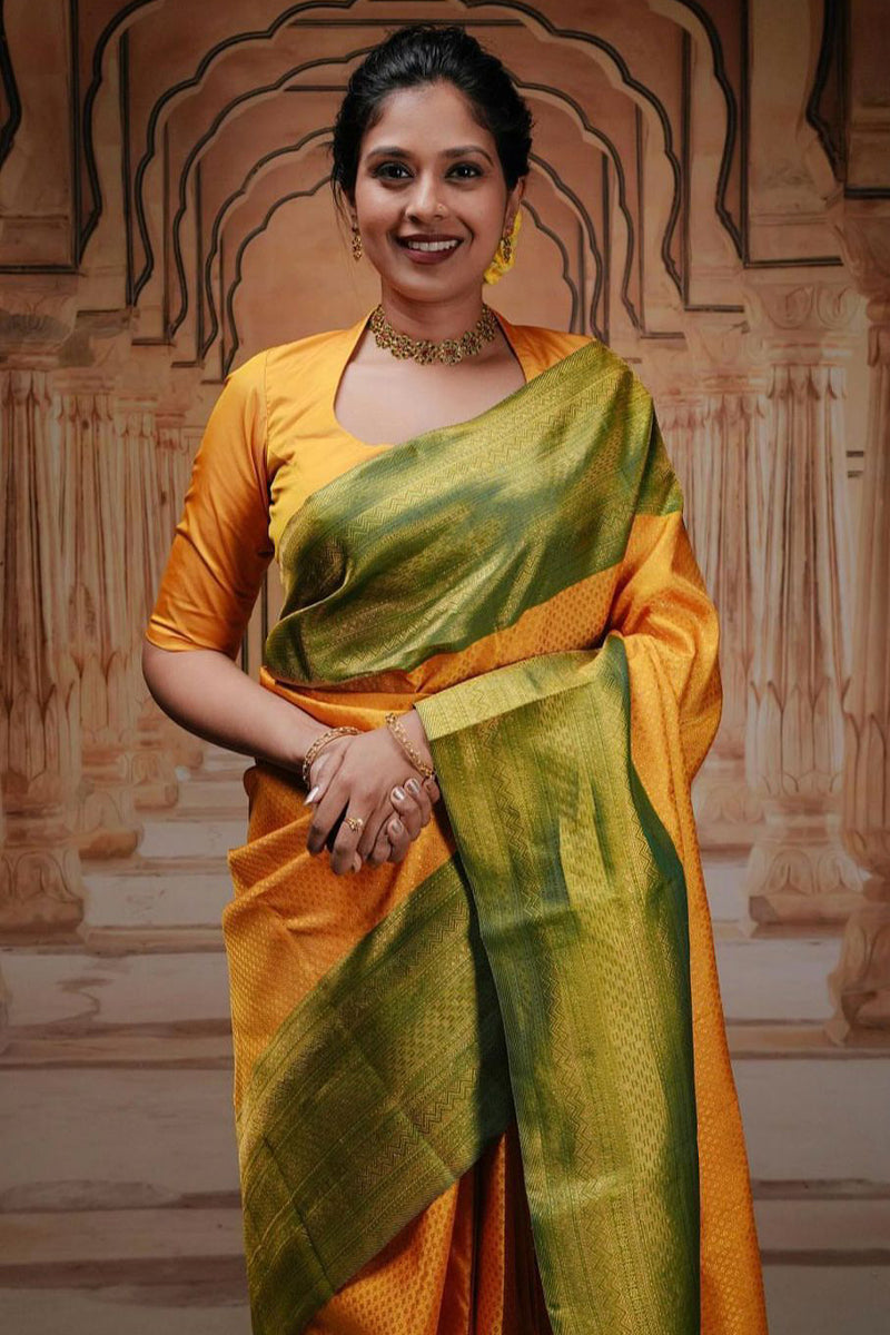 Fantabulous Yellow Soft Silk Saree With Quintessential Blouse Piece