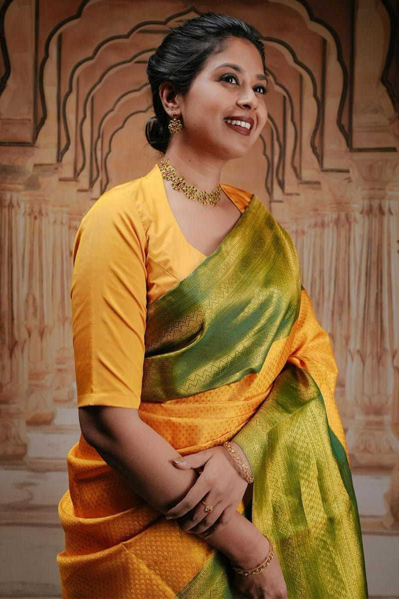 Fantabulous Yellow Soft Silk Saree With Quintessential Blouse Piece