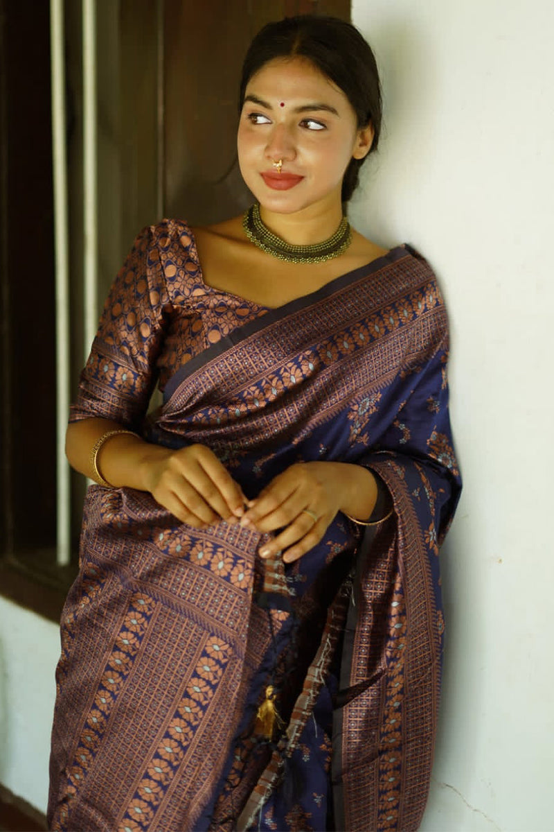 Charming Blue Soft Silk Saree With Lagniappe Blouse Piece