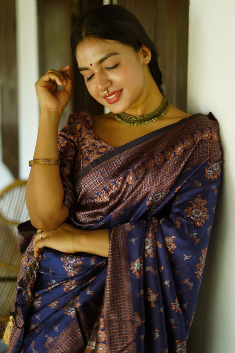 Charming Blue Soft Silk Saree With Lagniappe Blouse Piece