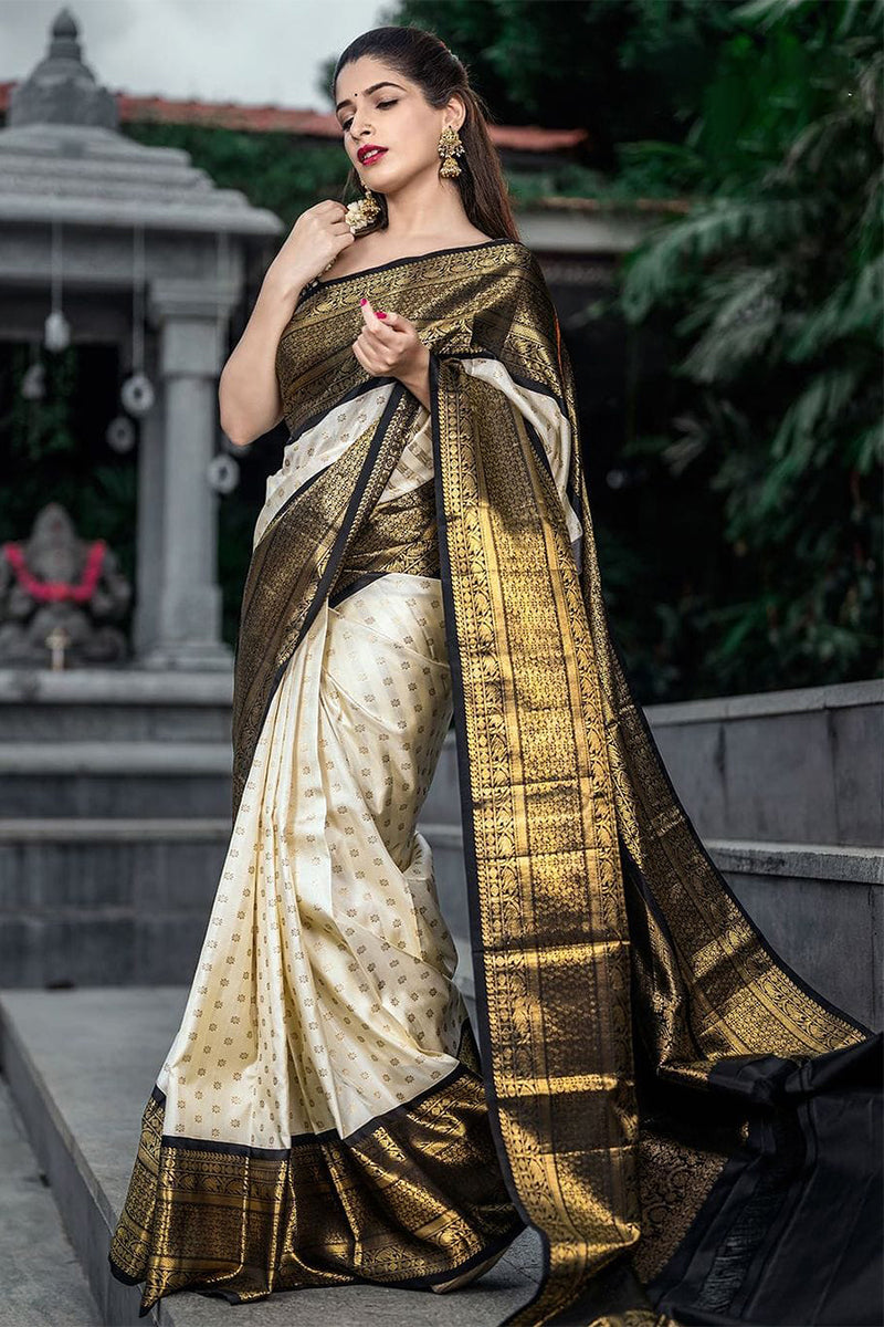 Pleasurable Off White Soft Silk Saree With Eye-catching Blouse Piece