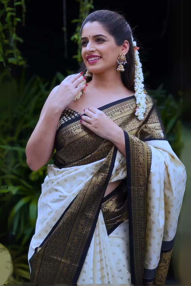 Pleasurable Off White Soft Silk Saree With Eye-catching Blouse Piece