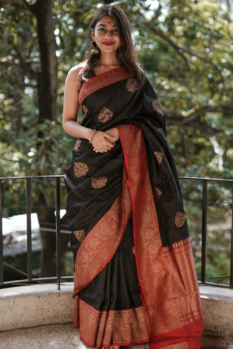 Eloquence Black Soft Silk Saree With Innovative Blouse Piece