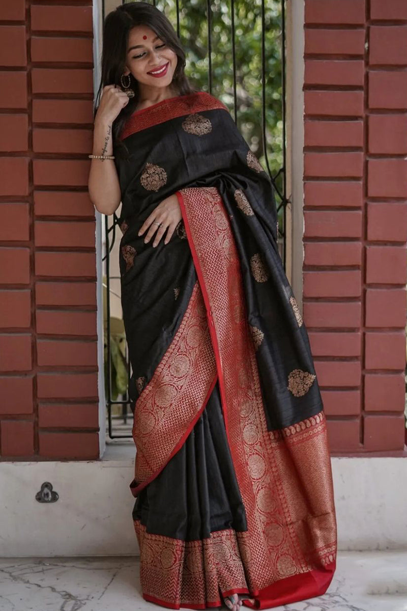 Eloquence Black Soft Silk Saree With Innovative Blouse Piece