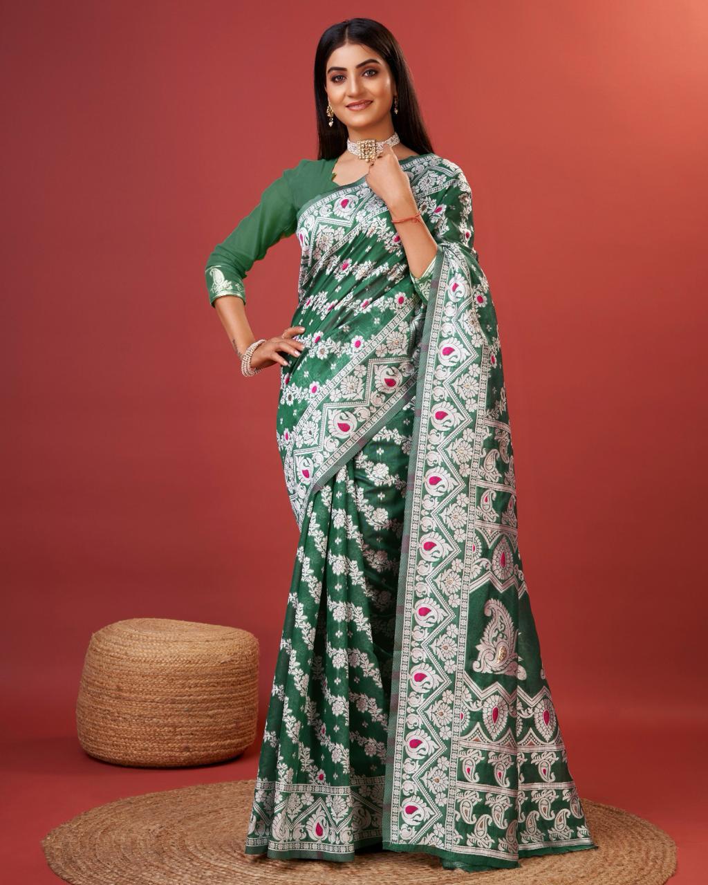 Dissemble Green Cotton Silk Saree With Palimpsest Blouse Piece