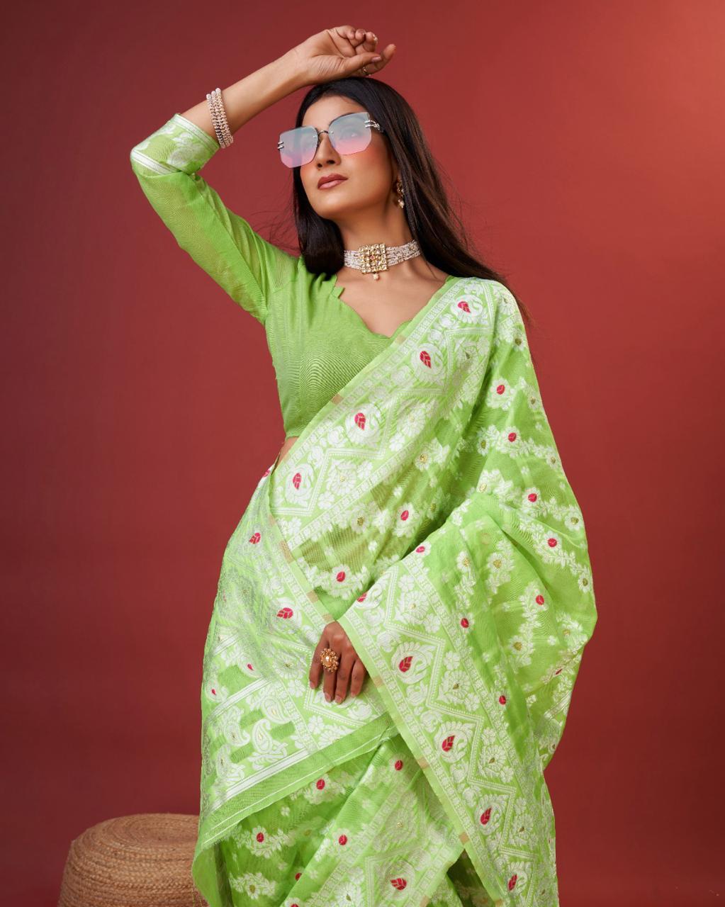 Breathtaking Parrot Cotton Silk Saree With Amiable Blouse Piece