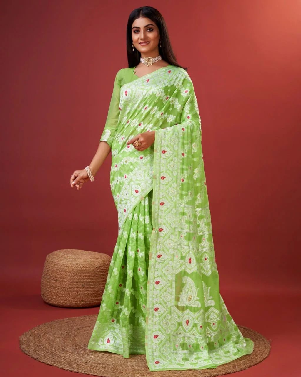 Breathtaking Parrot Cotton Silk Saree With Amiable Blouse Piece