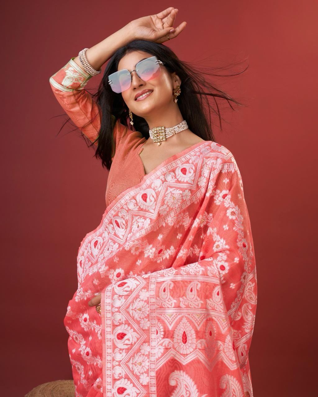 Evocative Peach Cotton Silk Saree With Ephemeral Blouse Piece