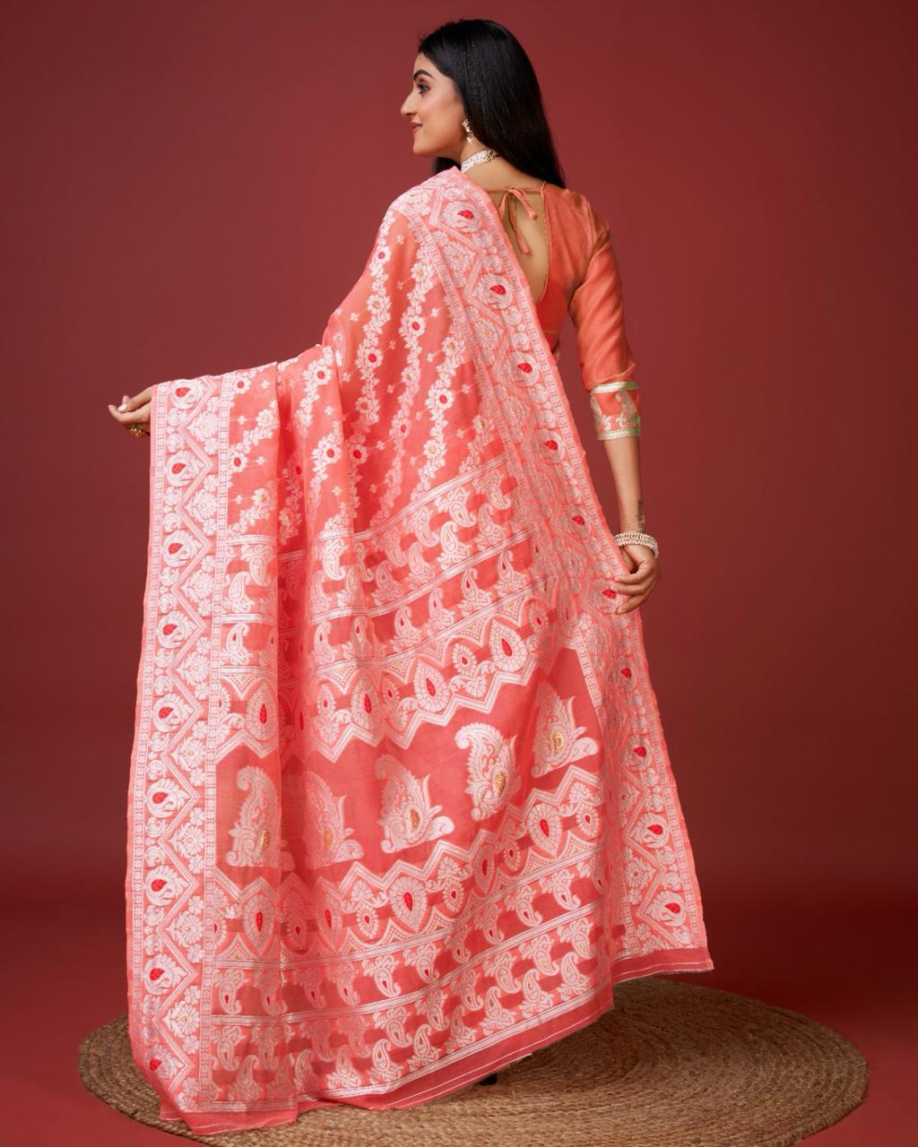 Evocative Peach Cotton Silk Saree With Ephemeral Blouse Piece