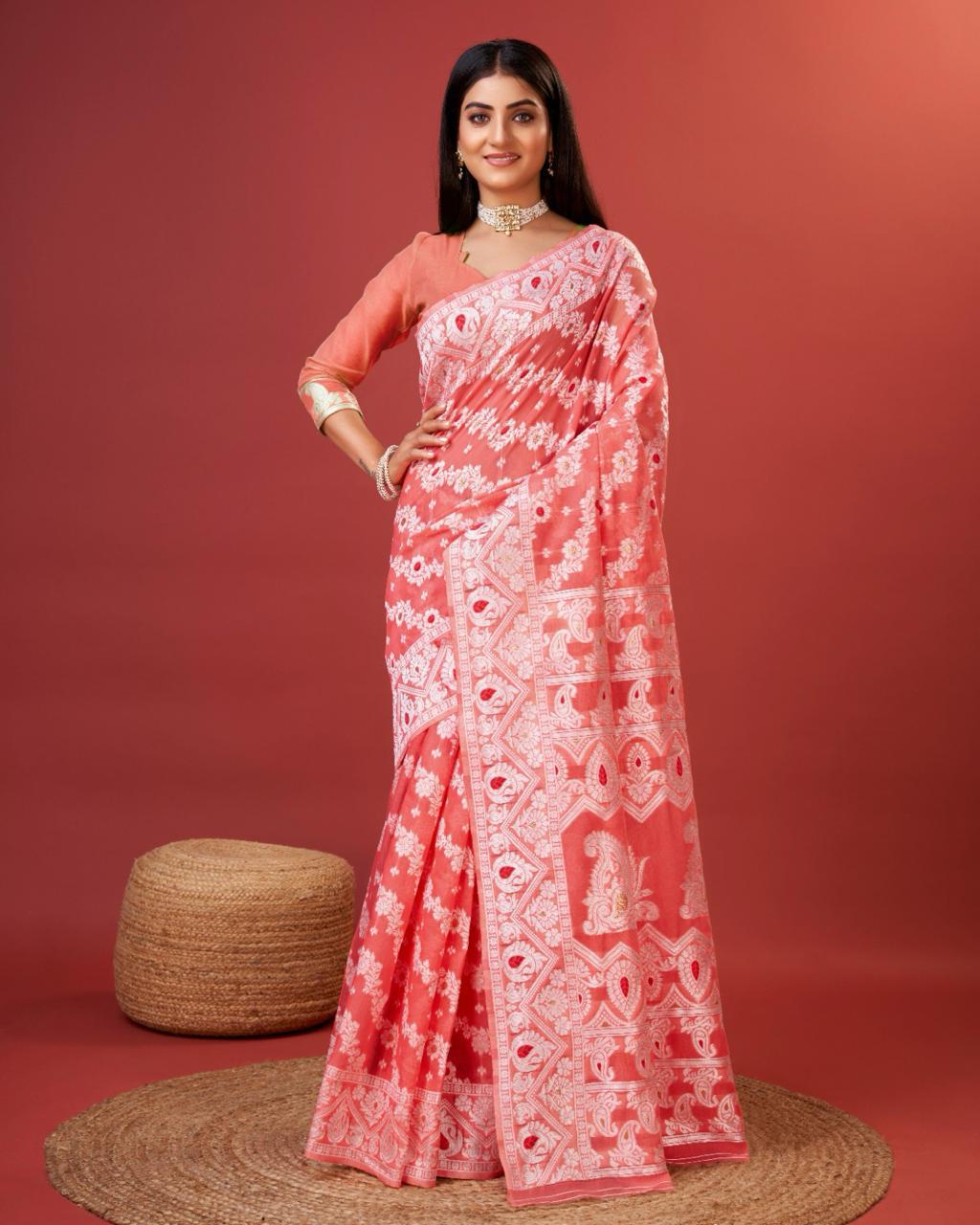 Evocative Peach Cotton Silk Saree With Ephemeral Blouse Piece