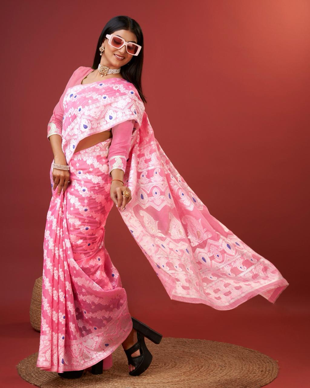 Traditional Pink Cotton Silk Saree With Panoply Blouse Piece