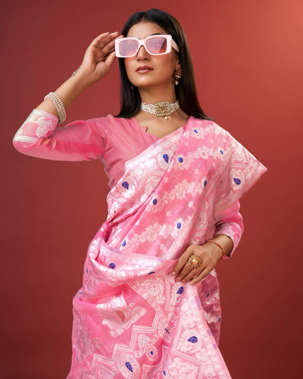 Traditional Pink Cotton Silk Saree With Panoply Blouse Piece