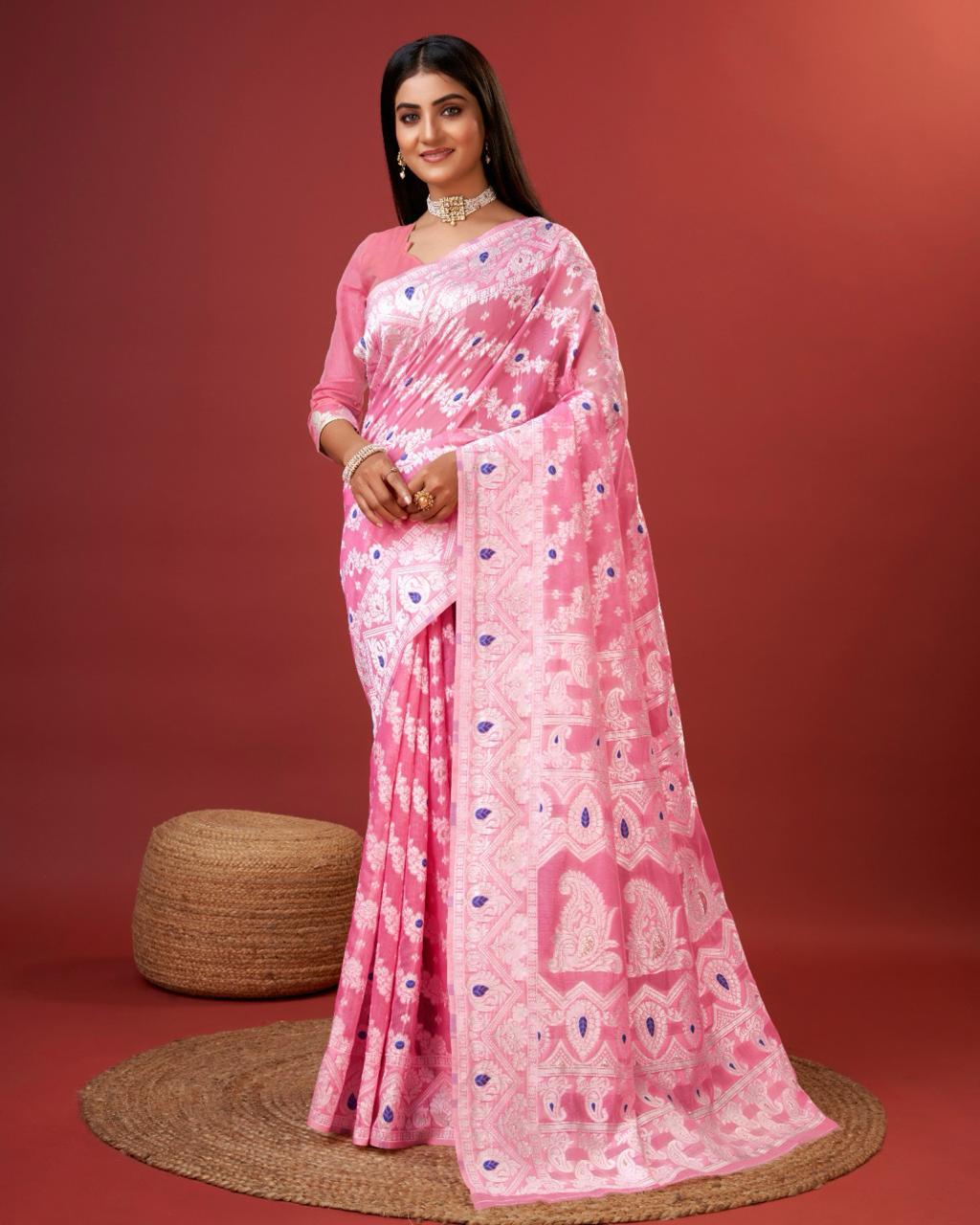 Traditional Pink Cotton Silk Saree With Panoply Blouse Piece