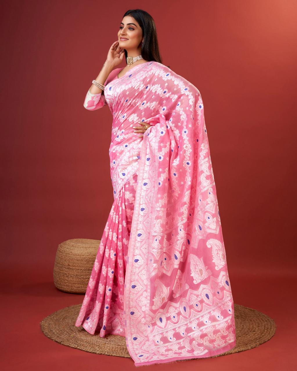 Traditional Pink Cotton Silk Saree With Panoply Blouse Piece