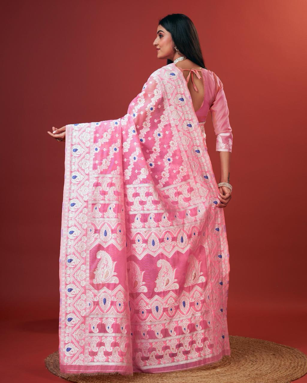 Traditional Pink Cotton Silk Saree With Panoply Blouse Piece